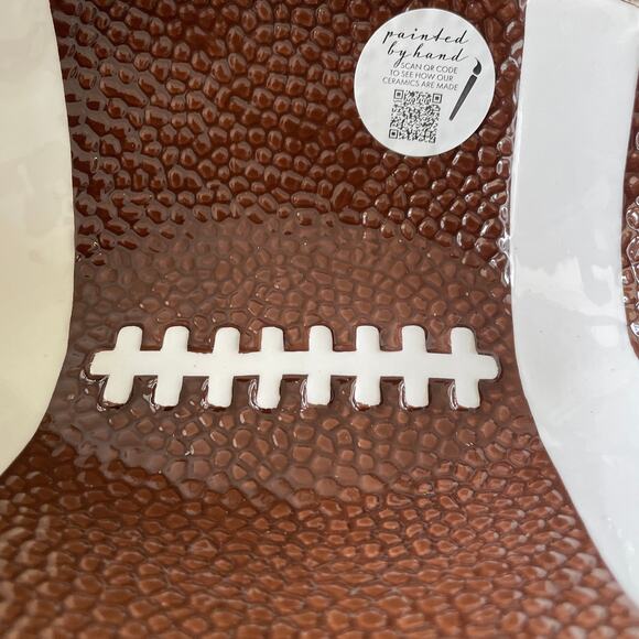 LANG Hand Painted Ceramic FOOTBALL Shaped Serving Bowl Brown White Decor NEW - Picture 8 of 14